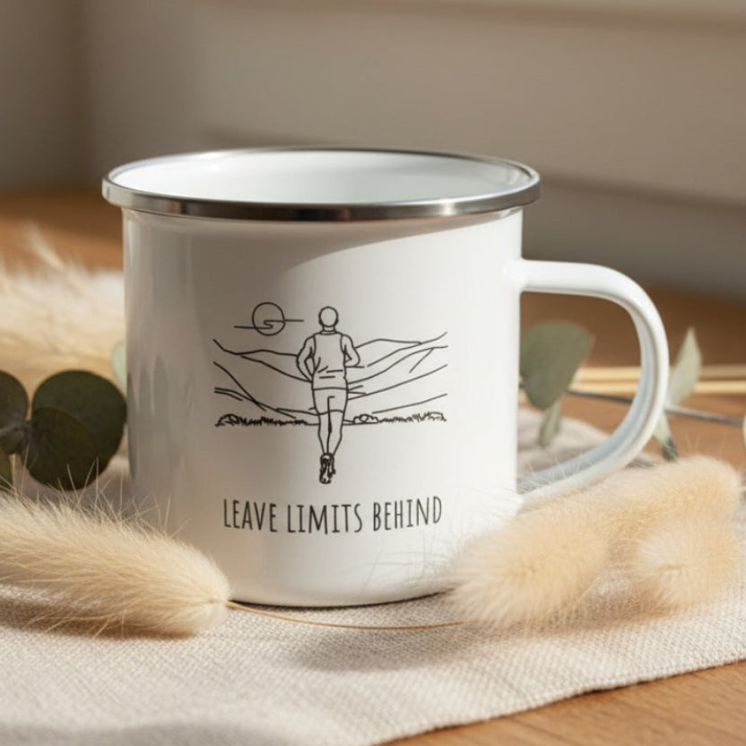 Leave Limits Behind Enamel Mug – 12oz Male Runner Line Art Mug