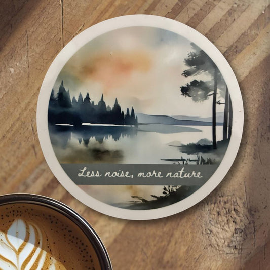 Less Noise, More Nature Round Coaster – Watercolour Lake & Trees Design | Tranquil Outdoor Décor