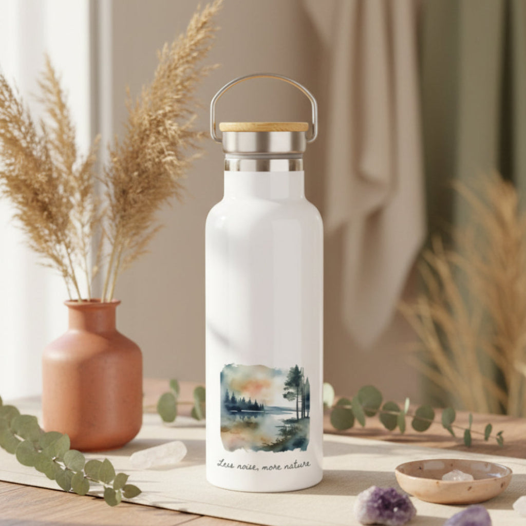 Less Noise More Nature Metal Water Bottle – 500ml Stainless Steel Insulated Flask with Watercolour Nature Design