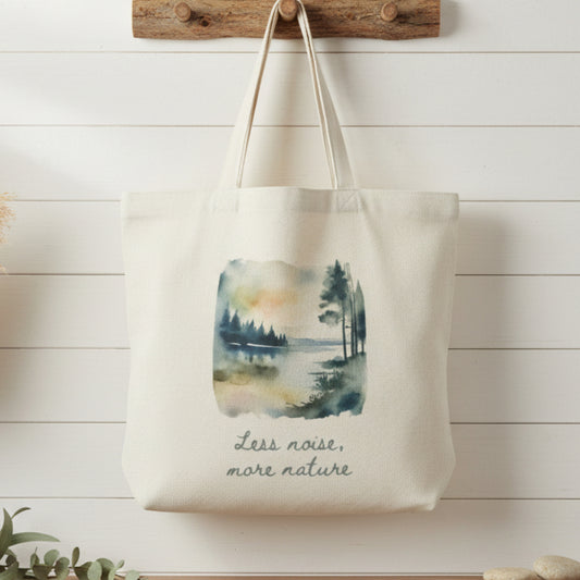 Less Noise More Nature Tote Bag – Watercolour Lake Design