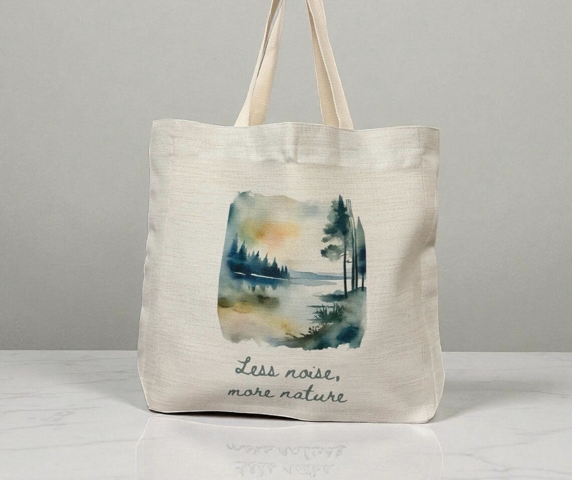Less Noise More Nature Tote Bag – Watercolour Lake Design