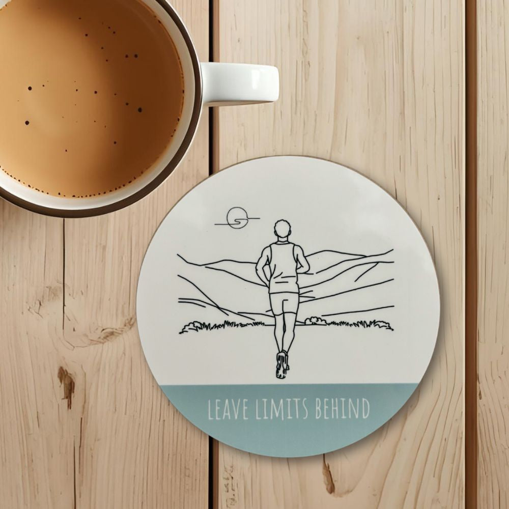 Leave Limits Behind Round Coaster – Male Runner Line Art Design | Motivational Fitness Décor