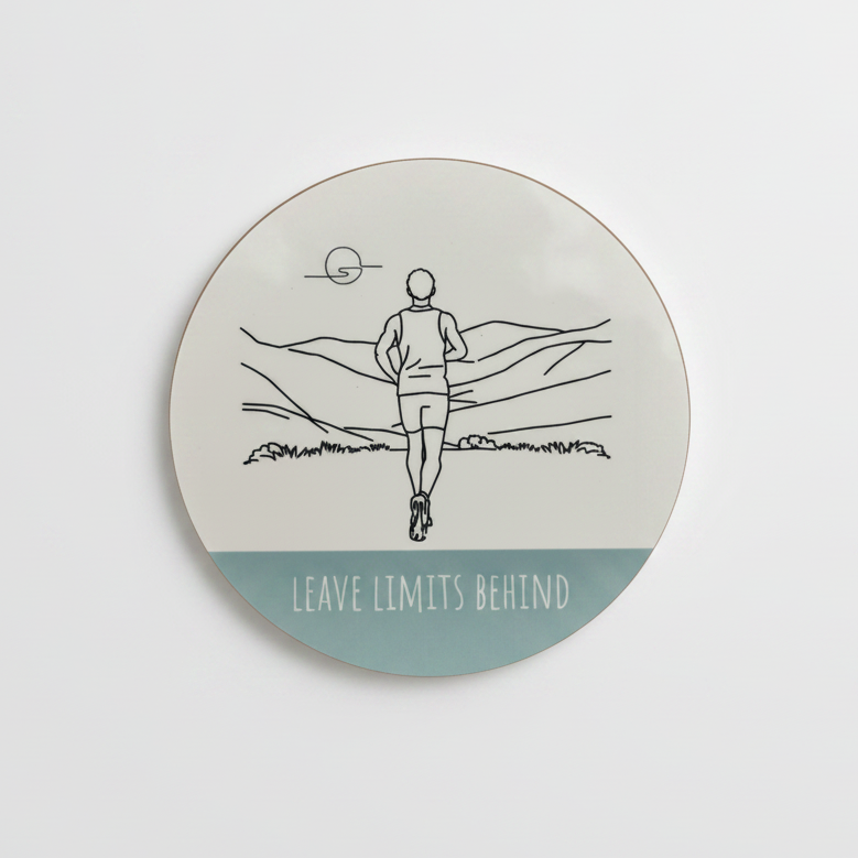 Leave Limits Behind Round Coaster – Male Runner Line Art Design | Motivational Fitness Décor