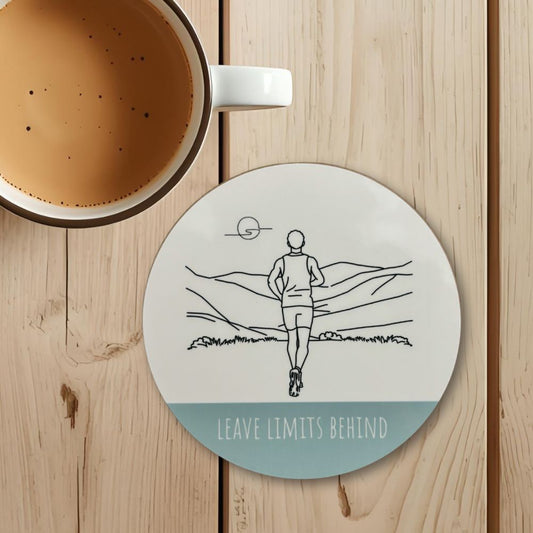 Leave Limits Behind Round Coaster – Male Runner Line Art Design | Motivational Fitness Décor