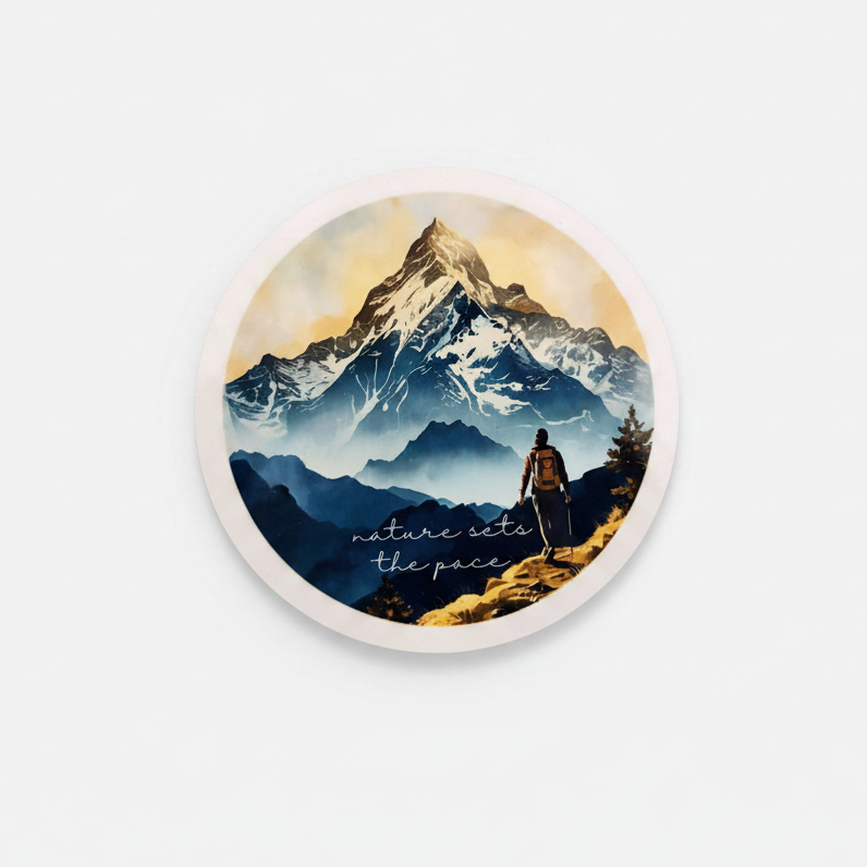 Nature Sets The Pace Round Coaster – Watercolour Mountain Landscape Design | Adventure & Nature Décor
