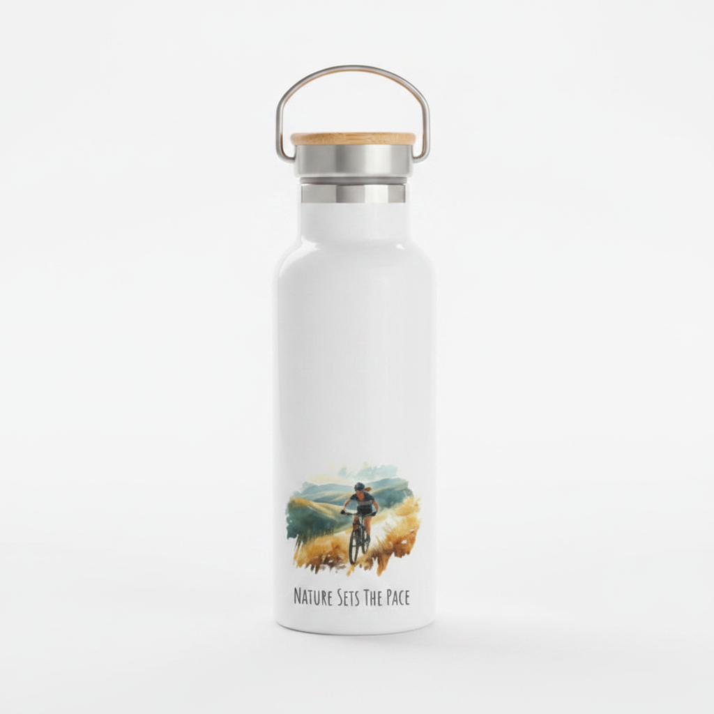 Nature Sets the Pace Metal Water Bottle – 500ml Stainless Steel Insulated Flask with Watercolour Female Mountain Biker Design