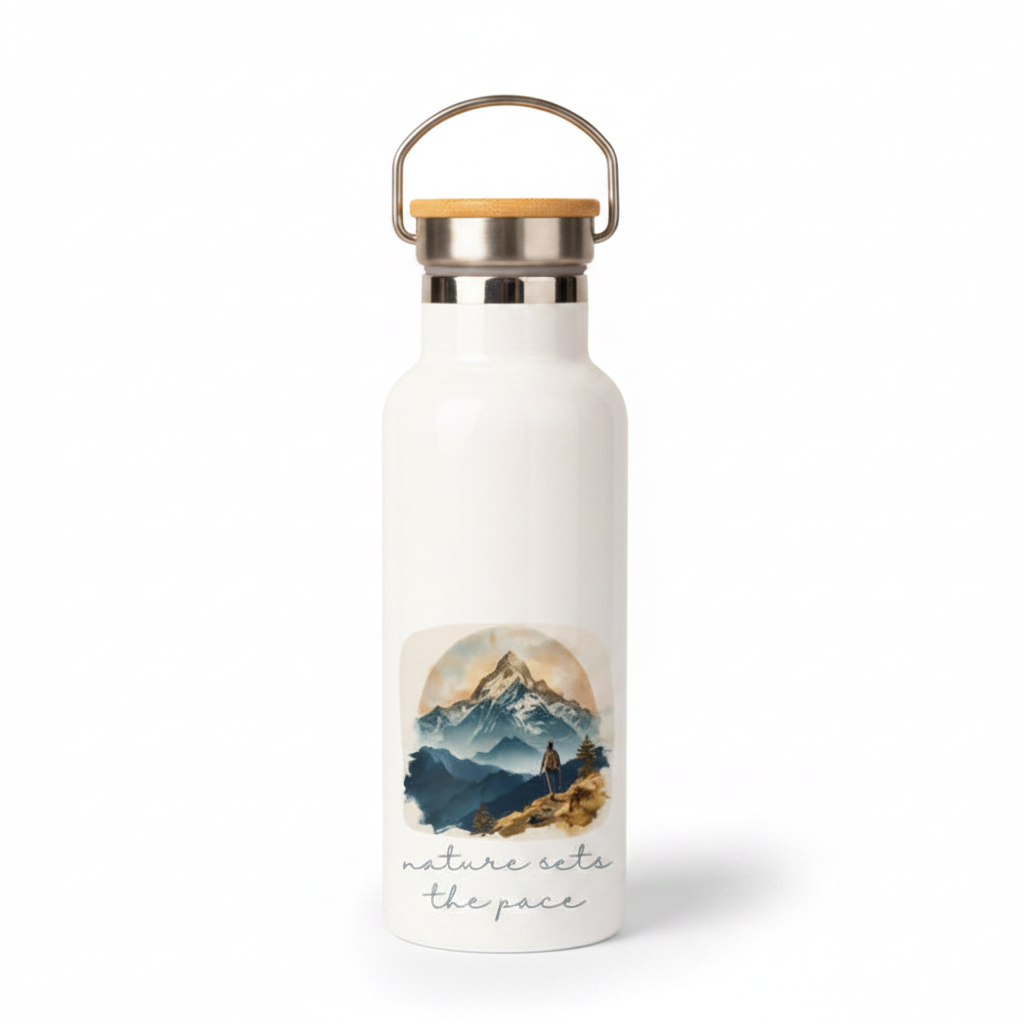 Nature Sets the Pace Metal Water Bottle – 500ml Stainless Steel Insulated Flask with Watercolour Hiker & Mountain Design
