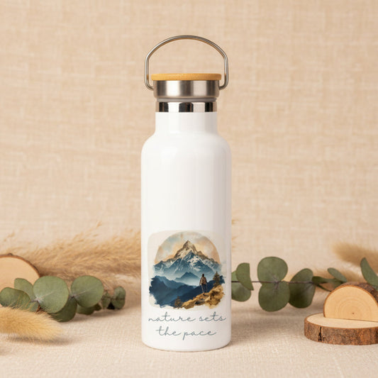 Nature Sets the Pace Metal Water Bottle – 500ml Stainless Steel Insulated Flask with Watercolour Hiker & Mountain Design