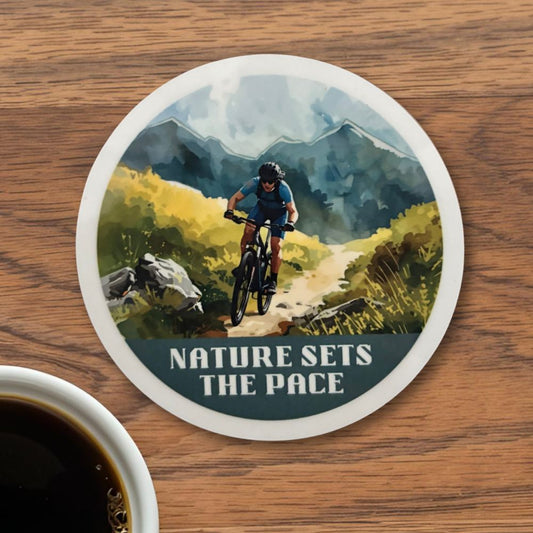 Nature Sets The Pace Round Coaster – Male Mountain Biker Watercolour Design | Adventure & Outdoor Décor