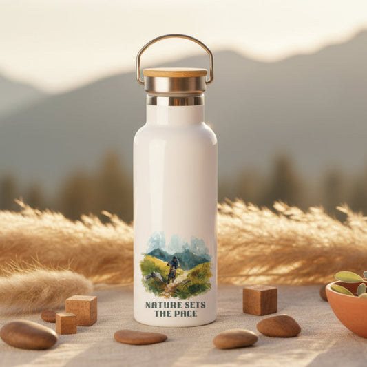 Nature Sets the Pace Metal Water Bottle – 500ml Stainless Steel Insulated Flask with Watercolour Mountain Biking Design