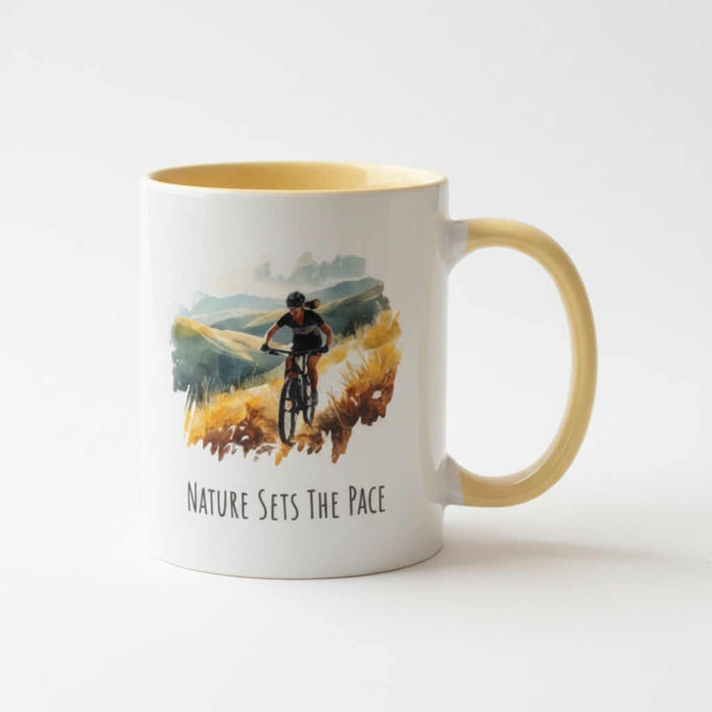 Nature Sets The Pace Ceramic Mug – Female Mountain Biker Watercolour Design
