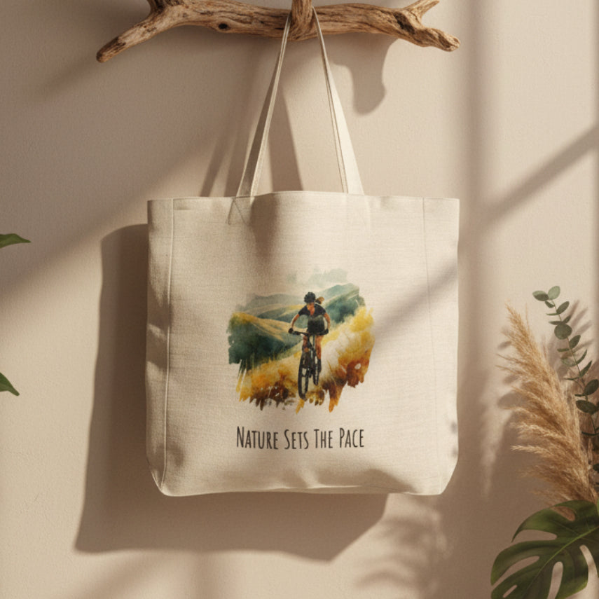 Nature Sets The Pace Tote Bag – Female Mountain Biker Watercolour Design