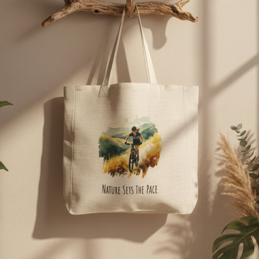 Nature Sets The Pace Tote Bag – Female Mountain Biker Watercolour Design