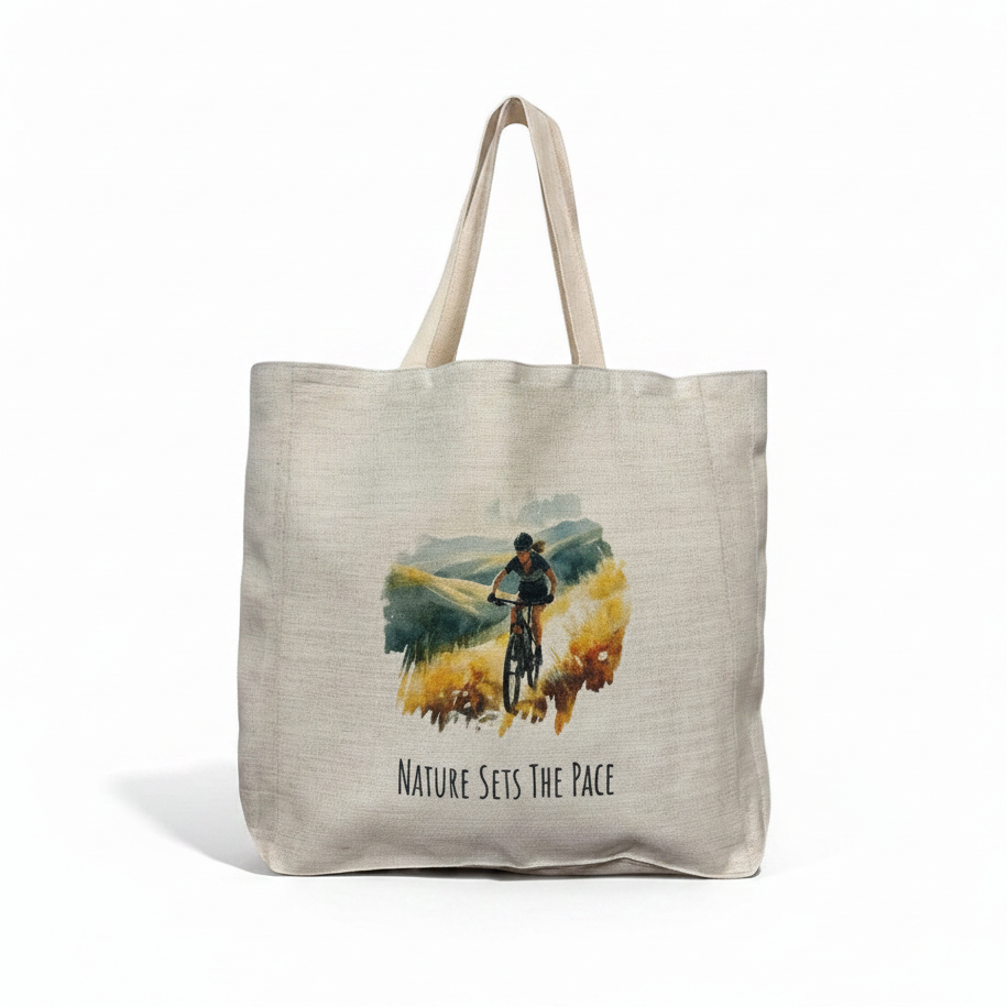 Nature Sets The Pace Tote Bag – Female Mountain Biker Watercolour Design