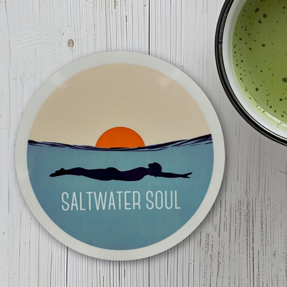Saltwater Soul Round Coaster – Ocean Wild Swimmer Silhouette Design | Coastal & Sea Lover Décor
