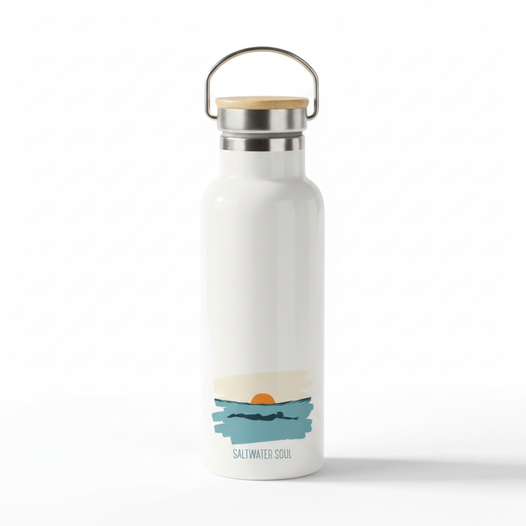 Saltwater Soul Metal Water Bottle – 500ml Stainless Steel Insulated Flask with Silhouette Swimmer & Sun Sea Design