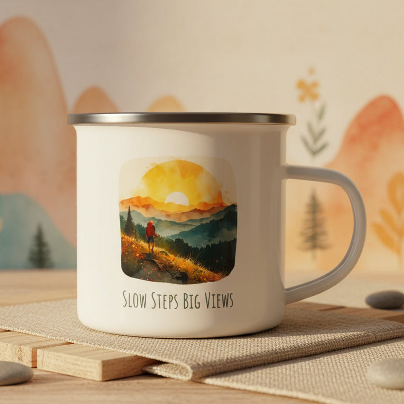 Mug with a scenic design and 'Slow Steps Big Views' text on a white background