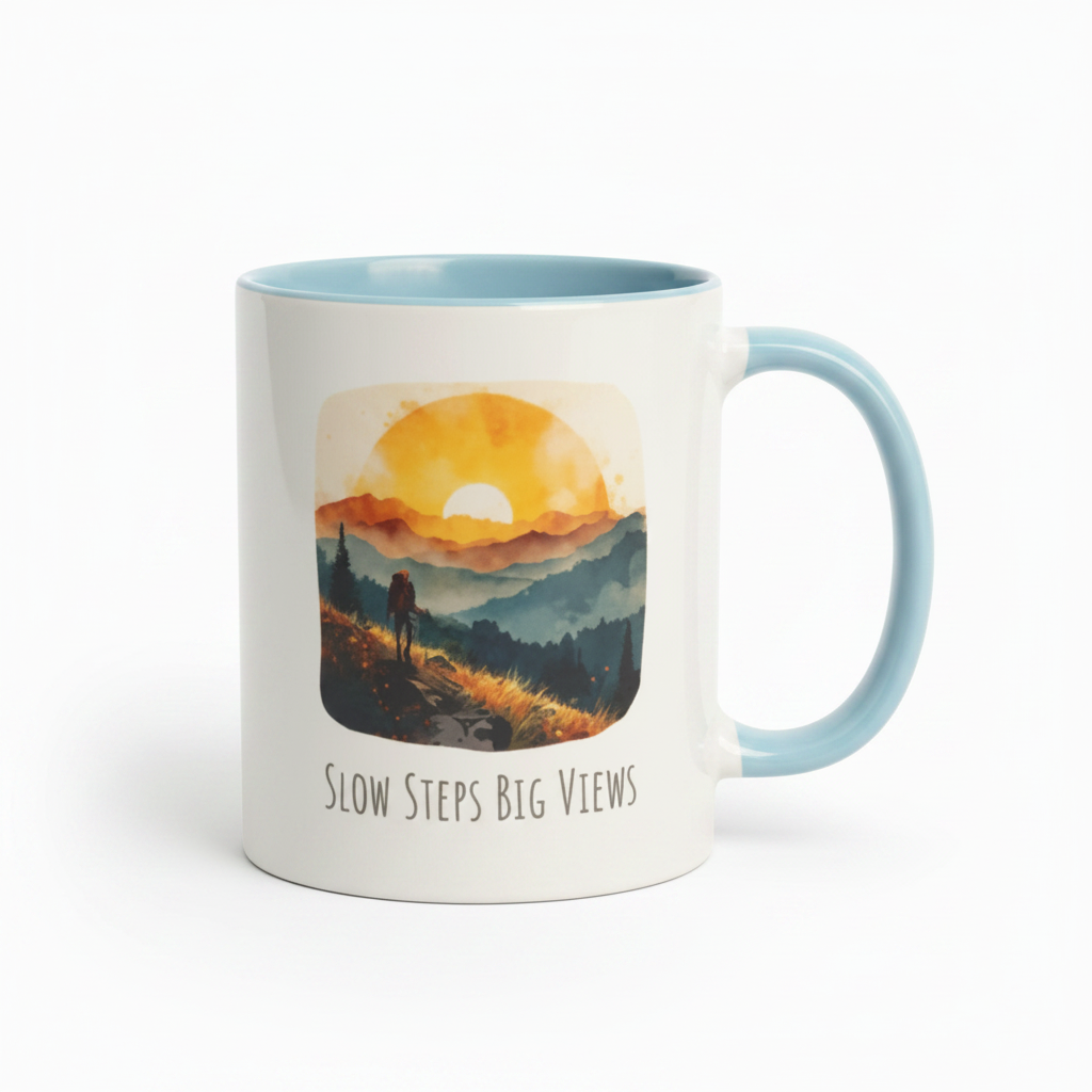Slow Steps Big Views Ceramic Mug –  Hiking Watercolour Mountain Design