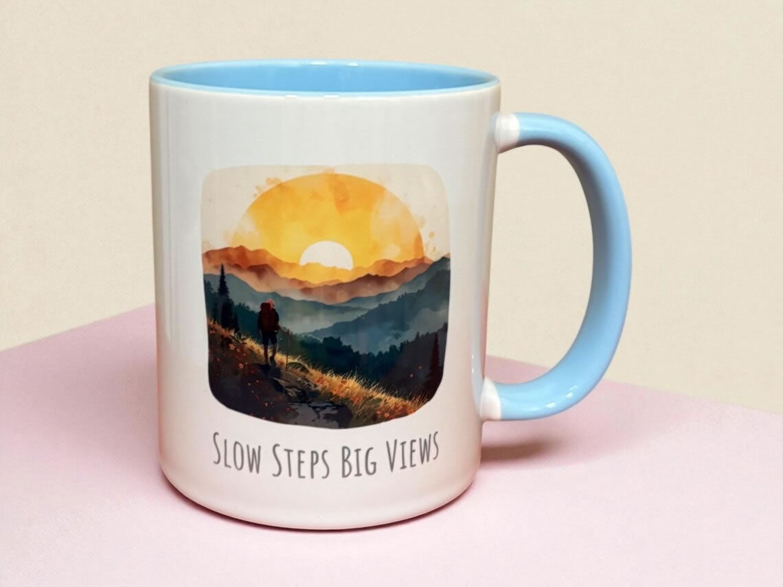Slow Steps Big Views Ceramic Mug –  Hiking Watercolour Mountain Design