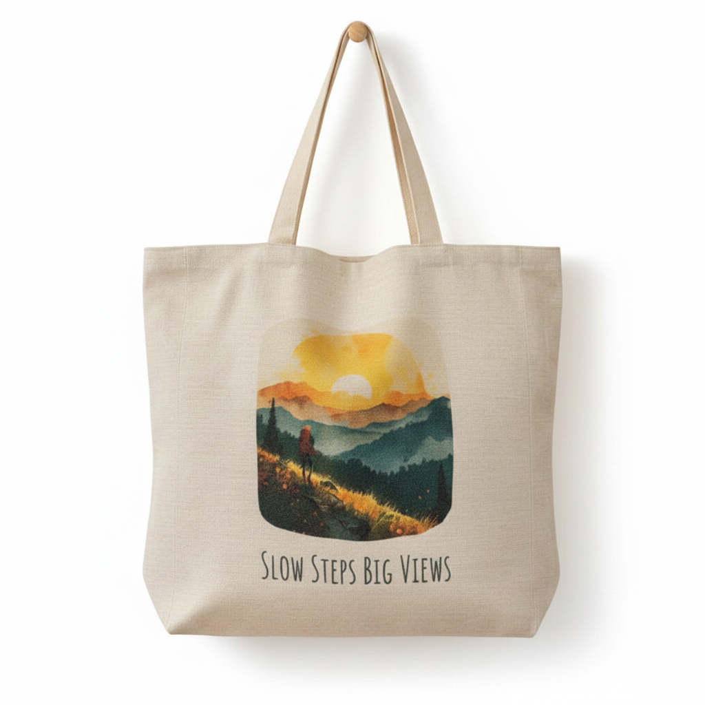 Slow Steps Big Views Tote Bag – Sunrise Over Mountains Watercolour Design