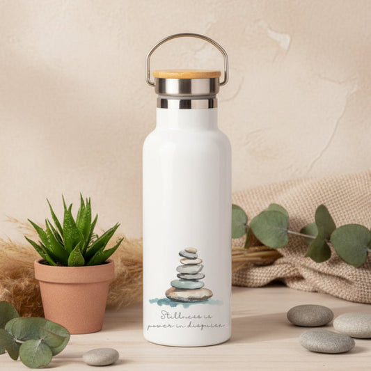 Stillness Is Power in Disguise Metal Water Bottle – 500ml Stainless Steel Insulated Flask with Watercolour Stacking Stones Design