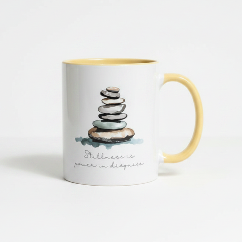Stillness Is Power In Disguise Ceramic Mug – Watercolour Stacking Stones Design