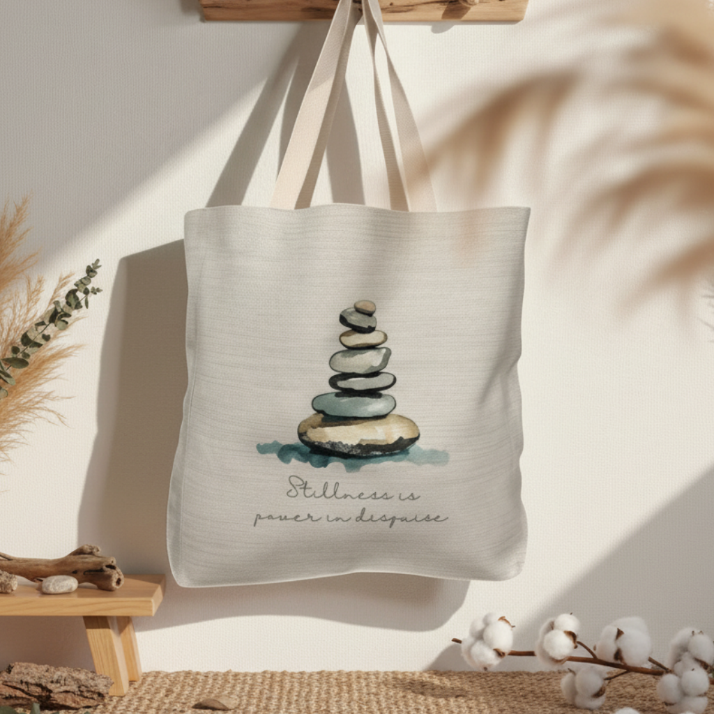 Stillness Is Power In Disguise Tote Bag – Watercolour Stacking Stones Design