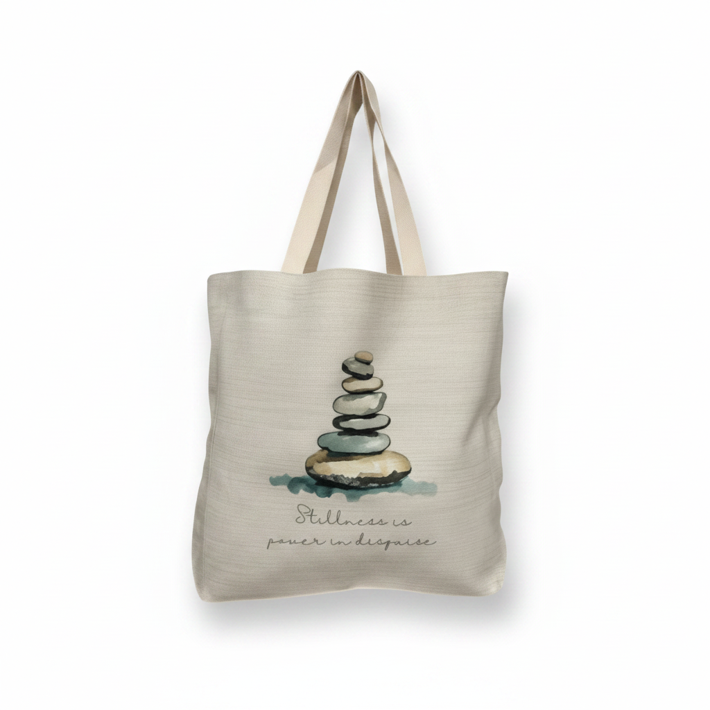 Stillness Is Power In Disguise Tote Bag – Watercolour Stacking Stones Design