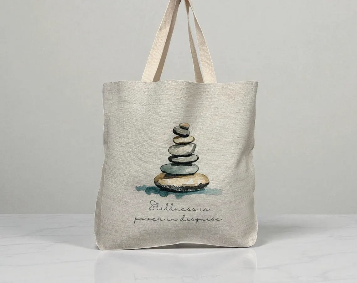 Stillness Is Power In Disguise Tote Bag – Watercolour Stacking Stones Design