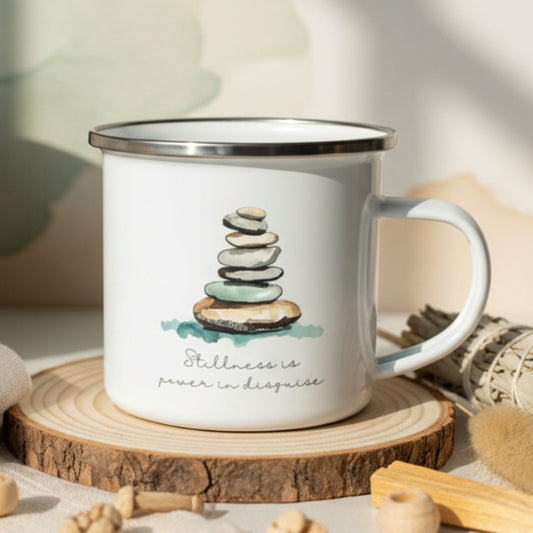 Stillness Is Power In Disguise Enamel Mug – 12oz Camping Watercolour Mug