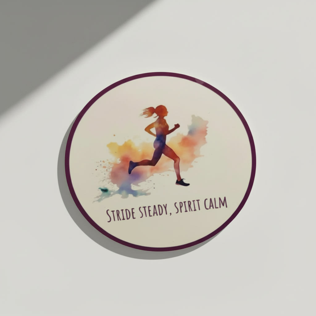 Stride, Steady, Spirit, Calm Round Coaster – Watercolour Running Design | Mindful Adventure Décor
