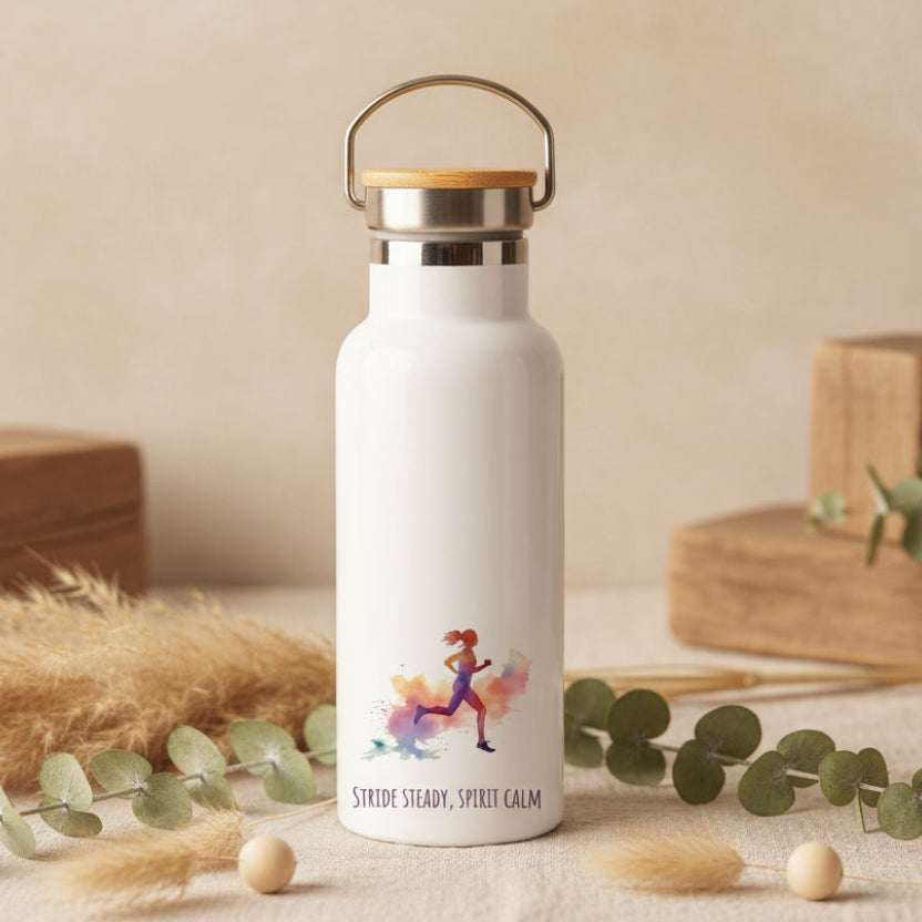 Stride Steady Spirit Calm Metal Water Bottle – 500ml Stainless Steel Insulated Flask with Watercolour Rainbow Female Runner Design