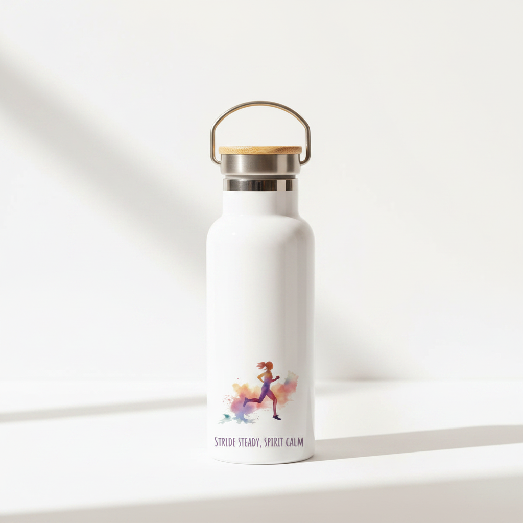 Stride Steady Spirit Calm Metal Water Bottle – 500ml Stainless Steel Insulated Flask with Watercolour Rainbow Female Runner Design