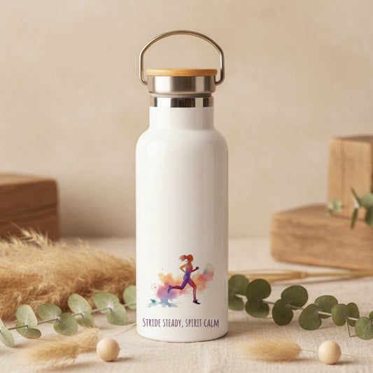 Stride Steady Spirit Calm Metal Water Bottle – 500ml Stainless Steel Insulated Flask with Watercolour Rainbow Female Runner Design