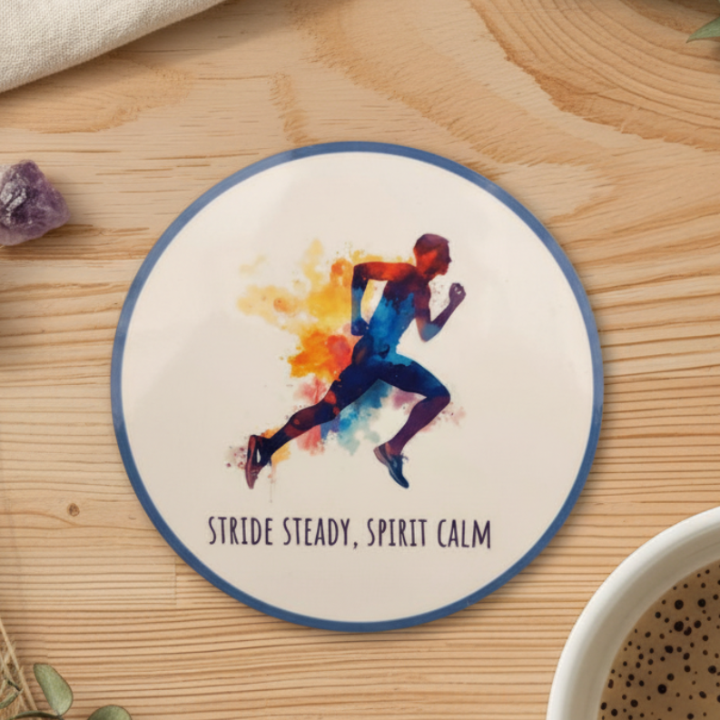 Stride, Steady, Spirit, Calm Round Coaster – Male Runner Watercolour Design | Mindful Fitness & Adventure Décor