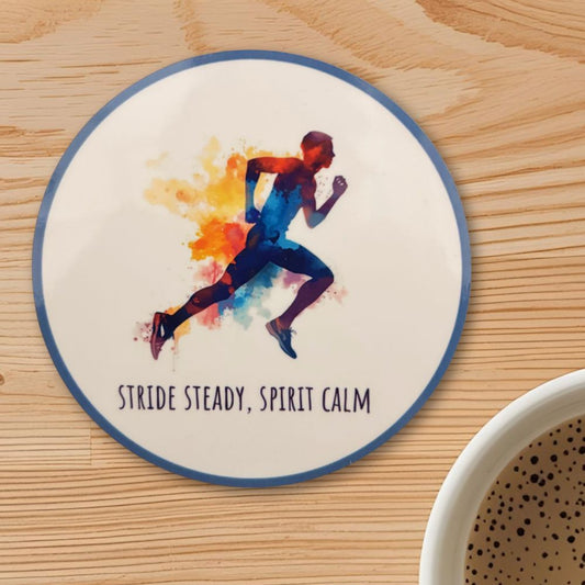 Stride, Steady, Spirit, Calm Round Coaster – Male Runner Watercolour Design | Mindful Fitness & Adventure Décor