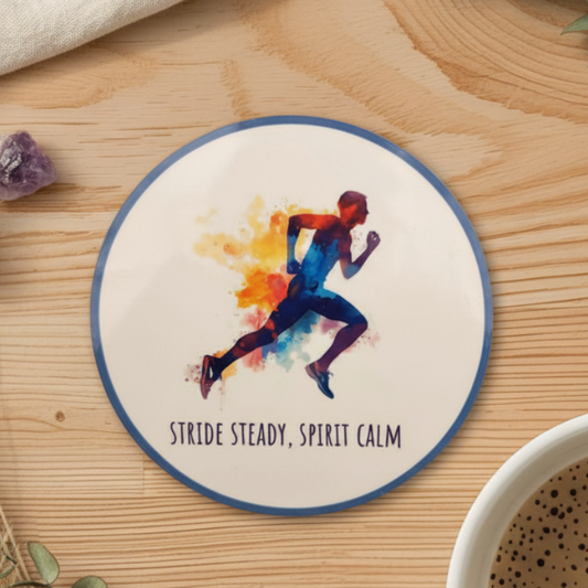 Stride, Steady, Spirit, Calm Round Coaster – Male Runner Watercolour Design | Mindful Fitness & Adventure Décor