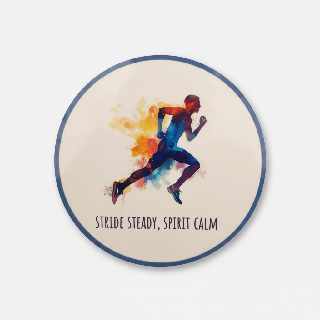 Stride, Steady, Spirit, Calm Round Coaster – Male Runner Watercolour Design | Mindful Fitness & Adventure Décor