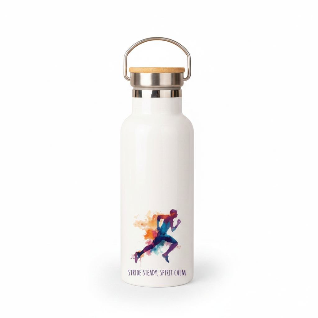 Stride Steady Spirit Calm Metal Water Bottle – 500ml Stainless Steel Insulated Flask with Rainbow Watercolour Male Runner Design