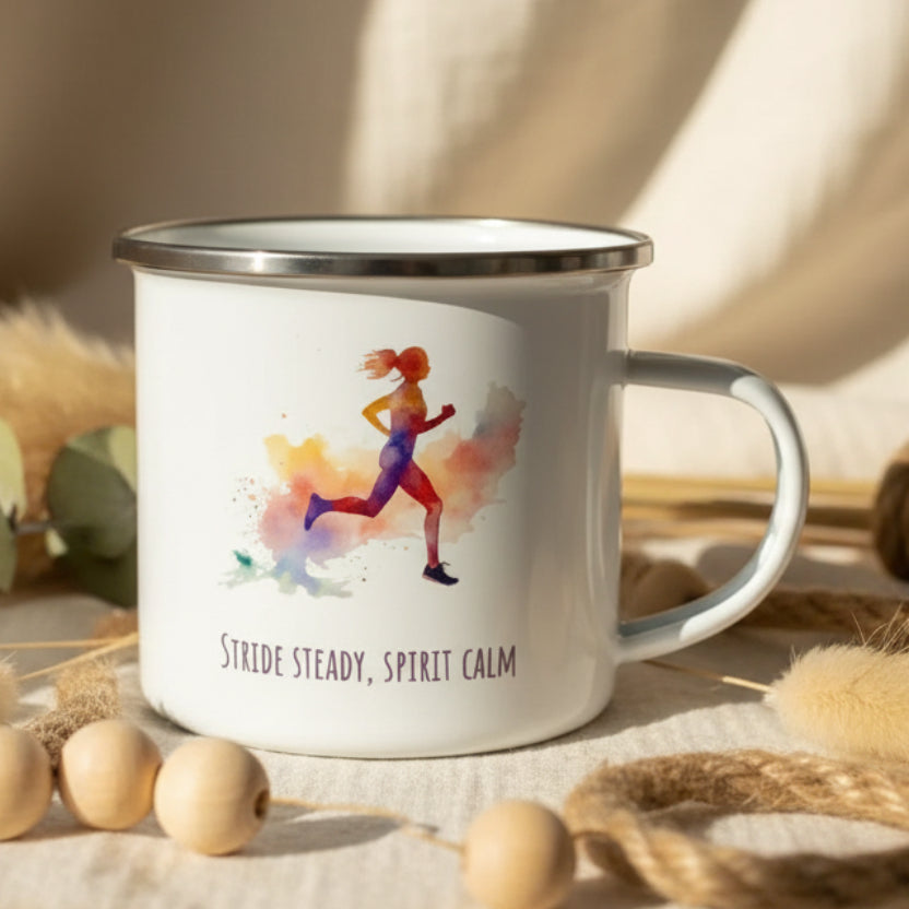 Stride Steady Spirit Calm Enamel Mug – 12oz Female Runner Line Art Mug