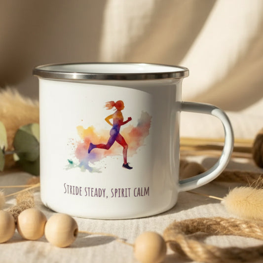 Stride Steady Spirit Calm Enamel Mug – 12oz Female Runner Line Art Mug