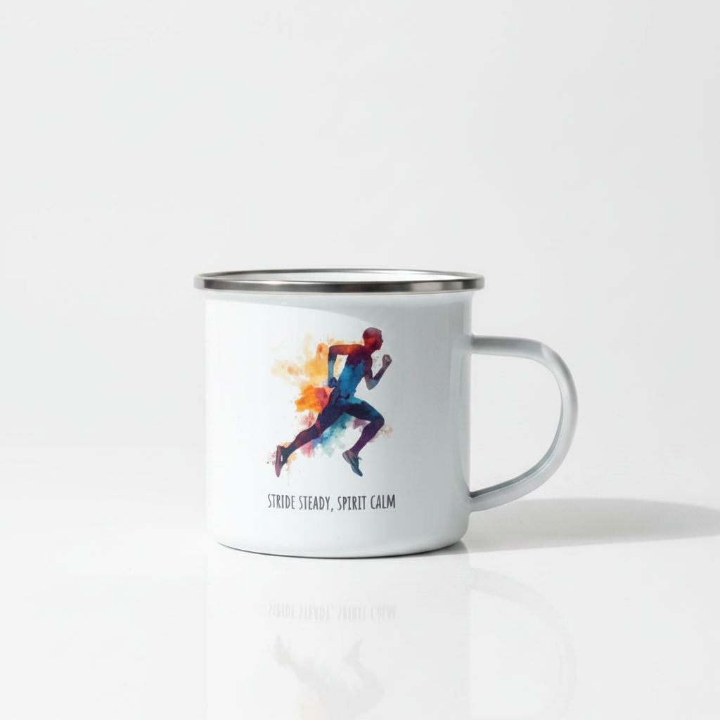Stride Steady Spirit Calm Enamel Mug – 12oz Male Runner Line Art Mug