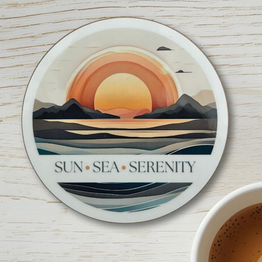 Sun, Sea, Serenity Round Coaster – Layered Ocean & Sunset Watercolour Design | Tranquil Coastal Décor