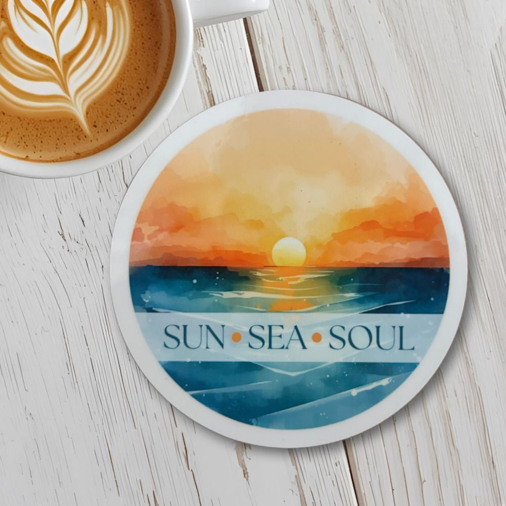 Sun Sea Soul Round Coaster – Sunset Over the Sea Watercolour Design | Coastal Boho Décor