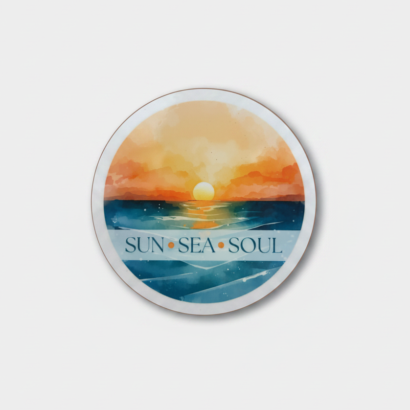 Sun Sea Soul Round Coaster – Sunset Over the Sea Watercolour Design | Coastal Boho Décor