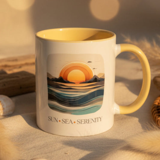Mug with a sunset design and 'Sun Sea Serenity' text on a light background