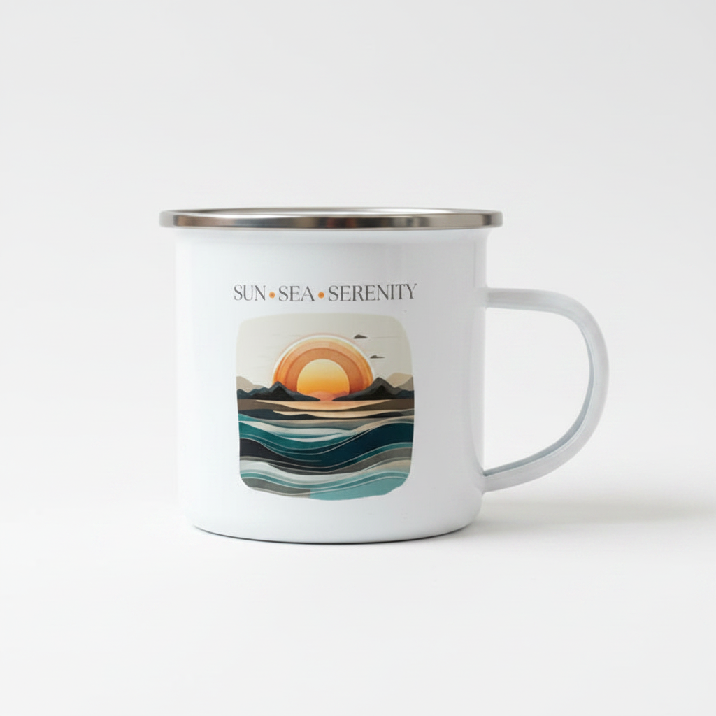 Sun Sea Serenity Enamel Mug – 12oz Camping Coffee Cup with Retro Sunset Ocean Design