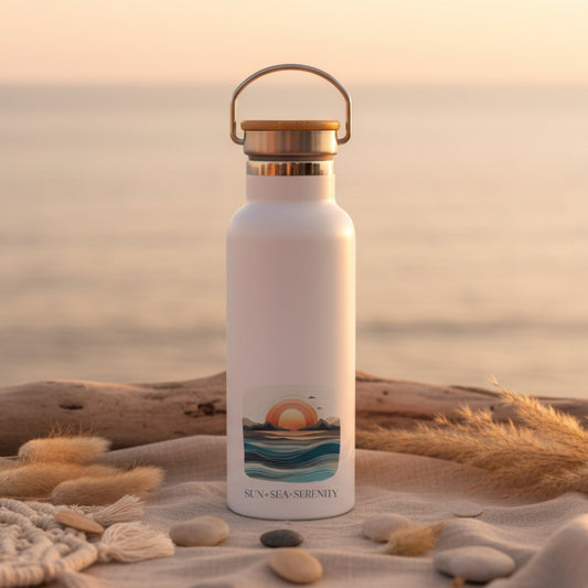 Sun Sea Serenity Metal Water Bottle – 500ml Stainless Steel Insulated Flask with Retro Sunset Ocean Design
