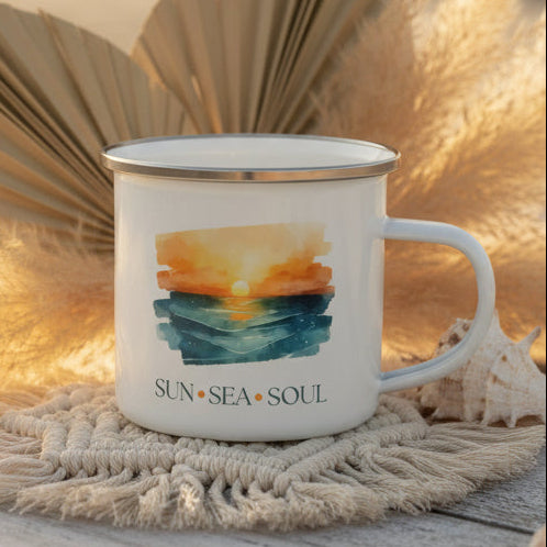 Sun Sea Soul Enamel Mug – 12oz Camping Coffee Cup with Sunset Over the Sea Design