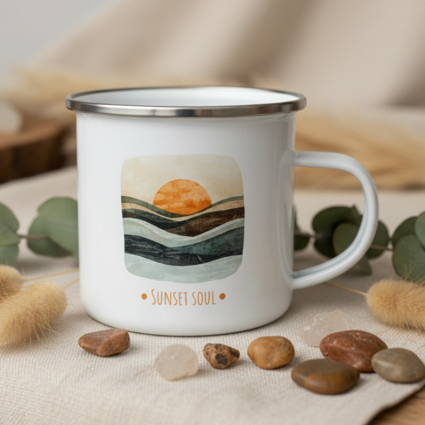 Sunset Soul Enamel Mug – 12oz Layered Ocean & Sunset Mug